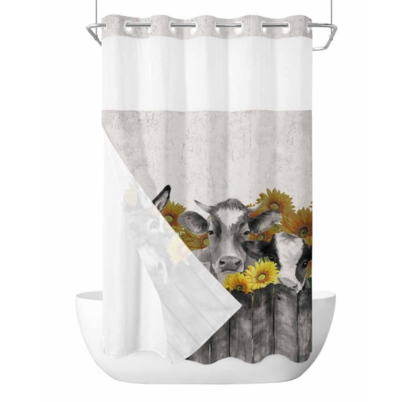 No Hook Shower Curtain with Snap-in Liner, Vintage Farm Animals Waterproof Fabric Bathroom Curtains, Cute Cow Pig Sunflower Bath Curtains & Mesh Top Window Stand Up Stall 36"x72"
