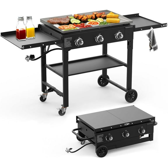 BESTFIRE 3 Burner 35" Flat Top Grill,45,000 BTU Flat Grills Outdoor Cooking with Two Foldable Shelves,Outdoor Griddle with Porcelain-Enameled Cast Iron Grate & Pan for Kitchen,BBQ& Camping