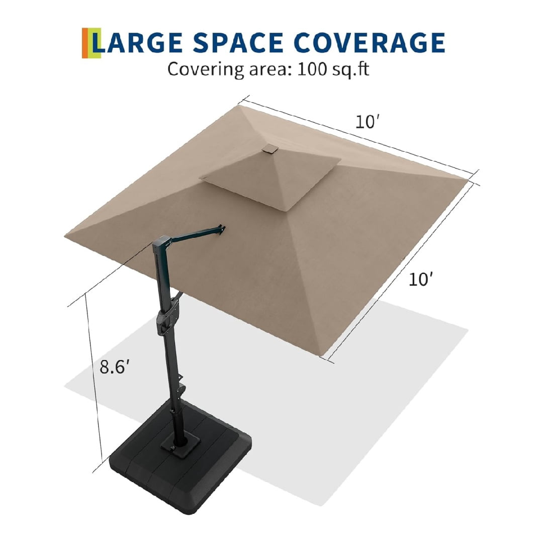 10' x 10' Heavy Duty Cantilever Patio Umbrella with LED Lights & Weighted Base, Square Aluminum Offset Umbrella 360-Degree Rotation for Outdoor Decor, Backyard, Deck, Pool