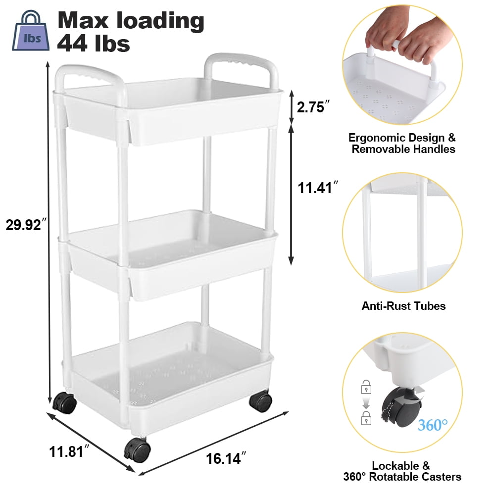 Bathroom Cart with Wheels Kitchen Small Storage 3 Tier Rack Rolling Trolleys Organizer Shelf, White