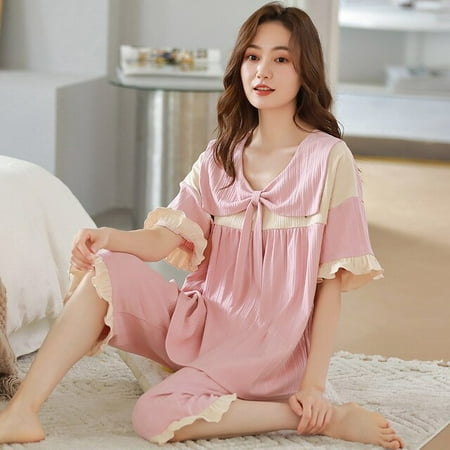 

QWZNDZGR Summer Cartoon Bear Womens Pajama Sets Ladies Female Nightwear Casual Pyjama Capris Pants Yellow Sleepwear Suits Home Clothing