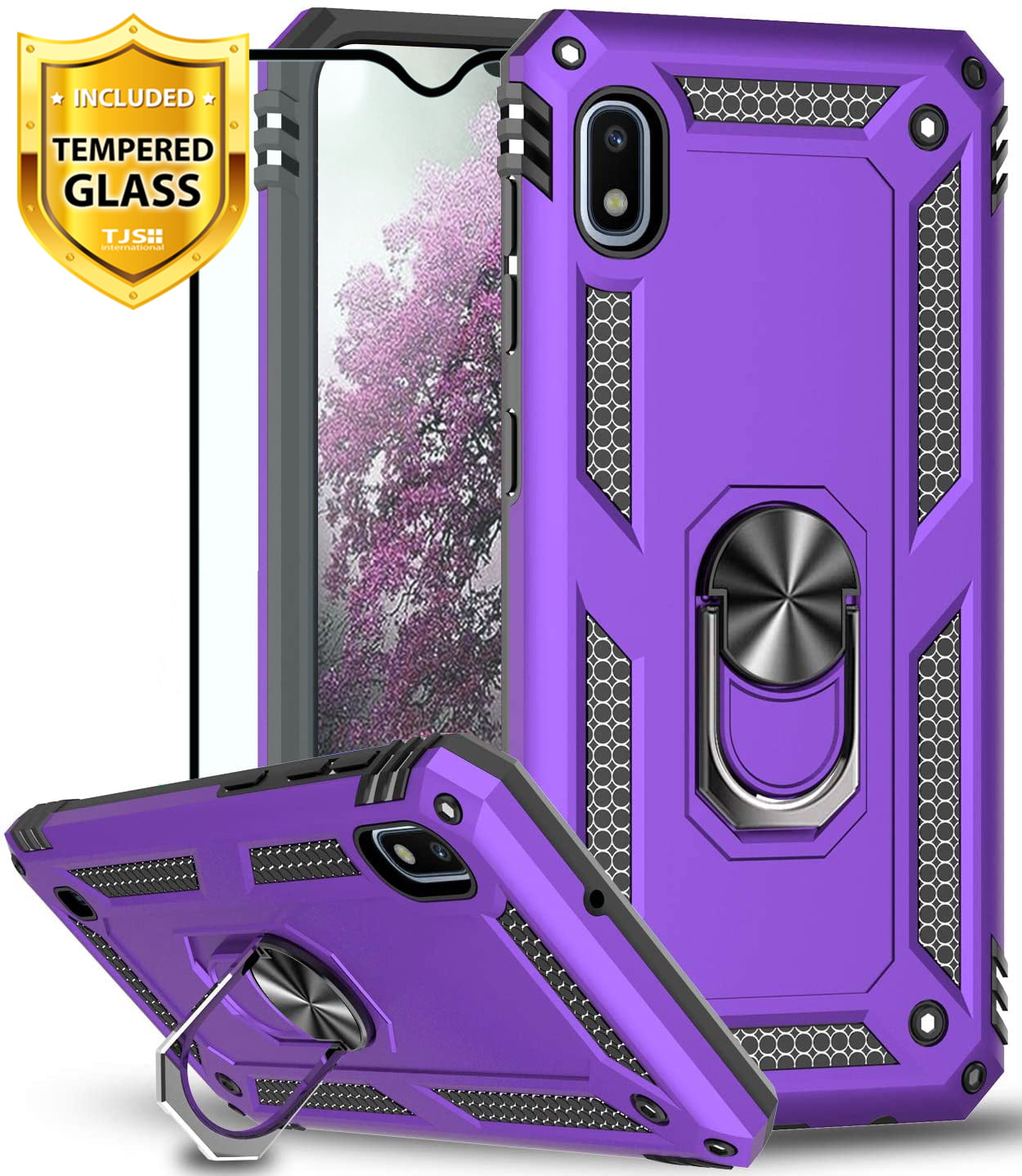 TJS Phone Case for Samsung Galaxy A10E 5.8" (Not Fit Galaxy A10/M10), with [Full Coverage Tempered Glass Screen Protector][Impact Resistant][Defender][Metal Ring][Magnetic Support] Armor (Purple)