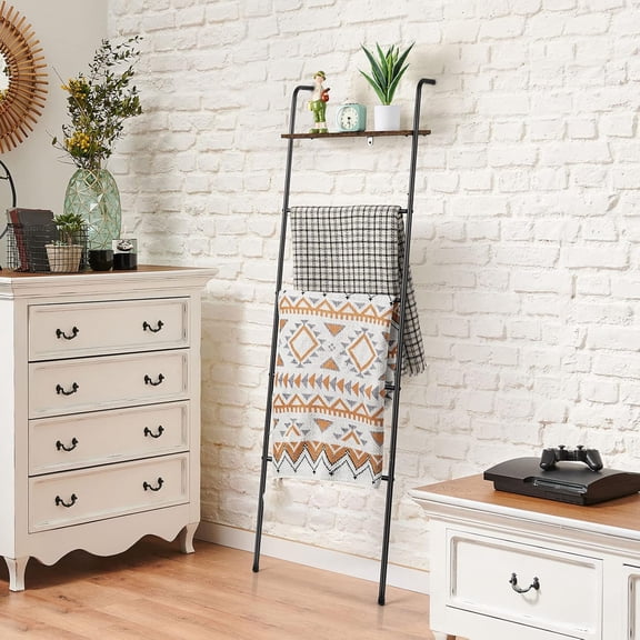 Black Decorative 5 Layer Wall-Leaning Blanket Rack with Shelf, Metal Blanket Ladder for Living Room Bathroom