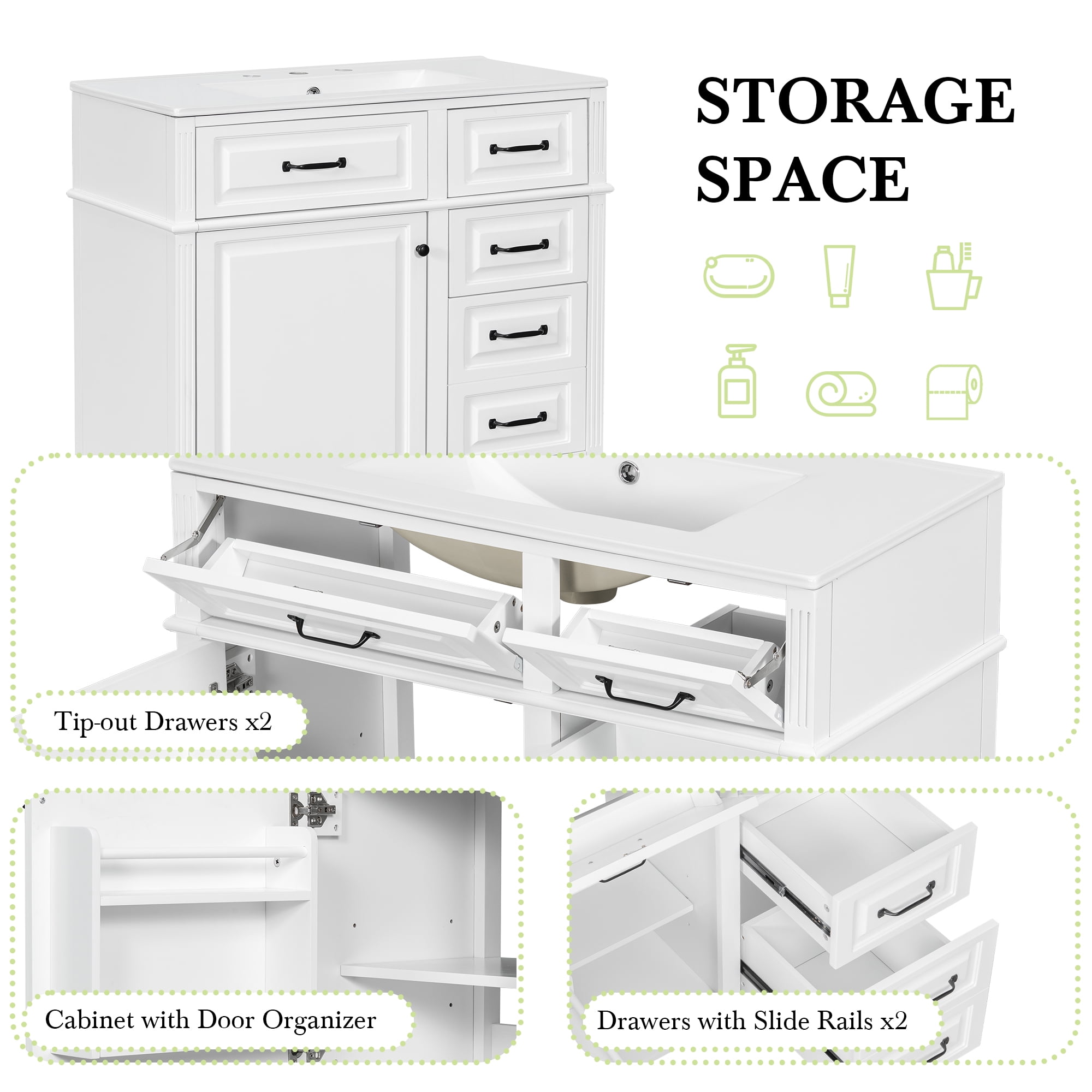 Euroco 36-Inch Bathroom Vanity with Ceramic Sink Top, Solid Wood Frame and MDF Cabinet, Flip Drawer Design with Adjustable Shelf and Metal Handles, Freestanding Bathroom Storage Cabinet