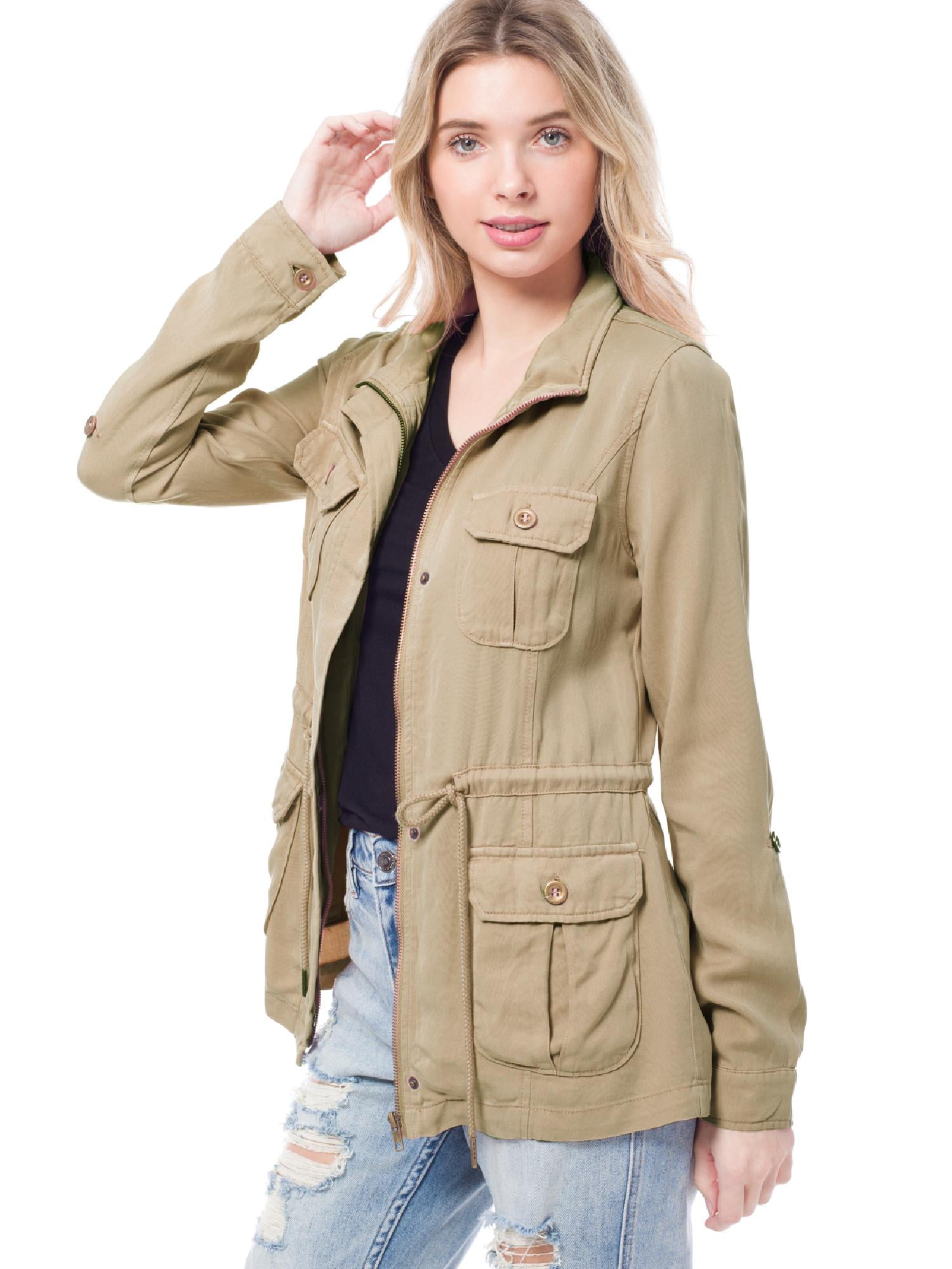 MixMatchy Women's Color Tencel Zip Up Snap Button Safari Military ...