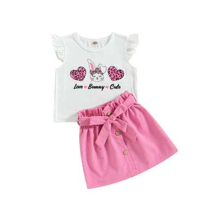 

Zervatek Toddler Girls Summer Outfit Sets White Flying Sleeve Bunny Print Tops Solid Color Skirt with Belt