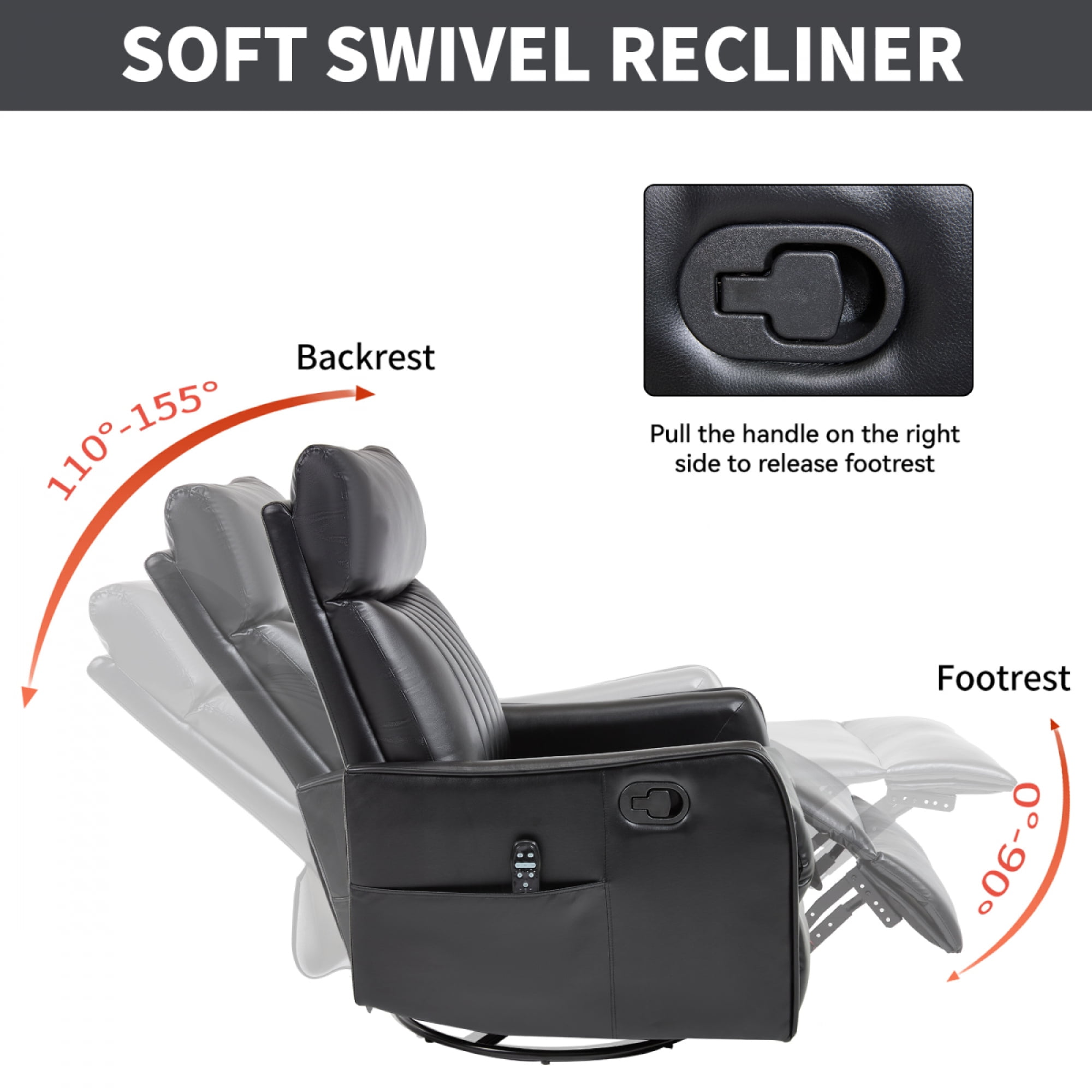 360 Swivel Rocking Recliner Chair for Adults, Nursery Rocking Chair with Heat and Massage, Glider Reclining Chair for Small Space, Living Room, Bedroom (PU, Black)