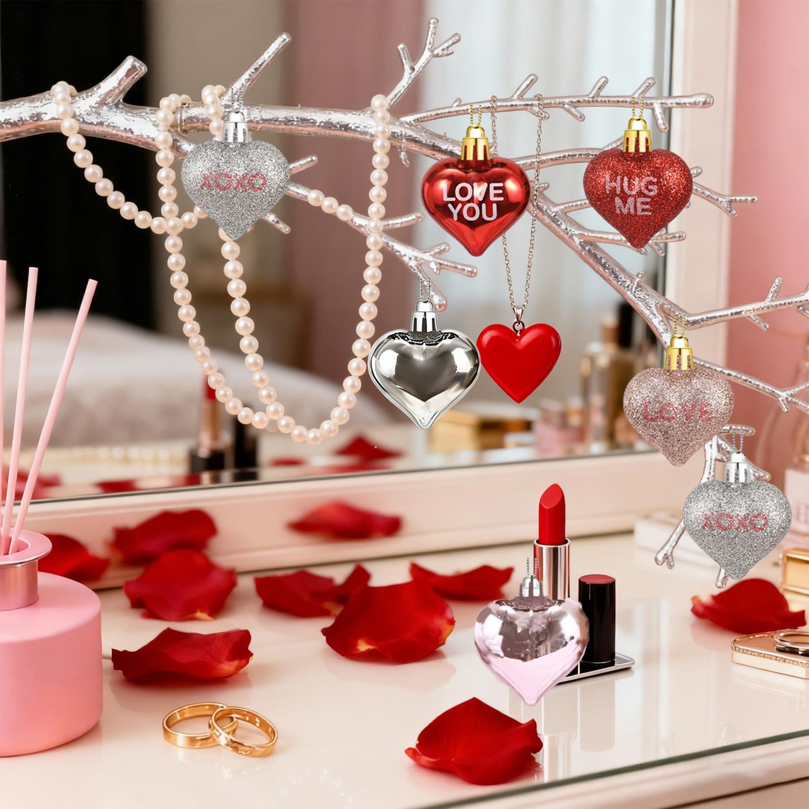 Valentine's Day Heart Ornaments, 24-Piece Set Glitter & Glossy Heart Shaped Decorations with Ribbon, Shatterproof Plastic for Tree Home Party, Multicolor