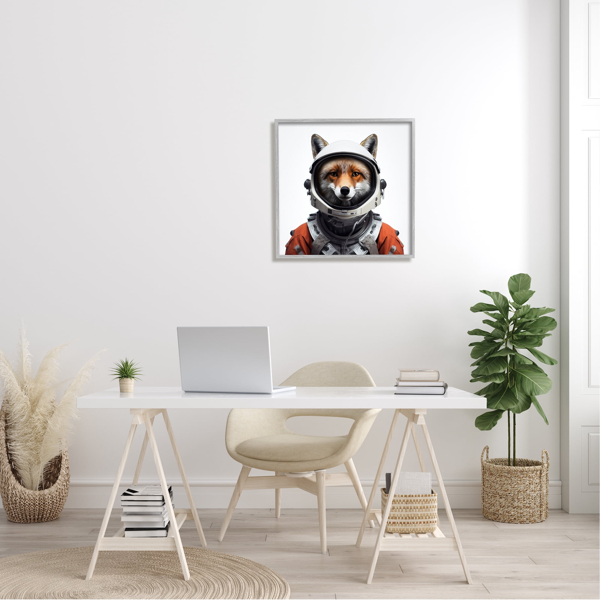 Stupell Industries Fox in Space Suit Animals & Insects Painting Gray Framed Art Print Wall Art, 24 x 24