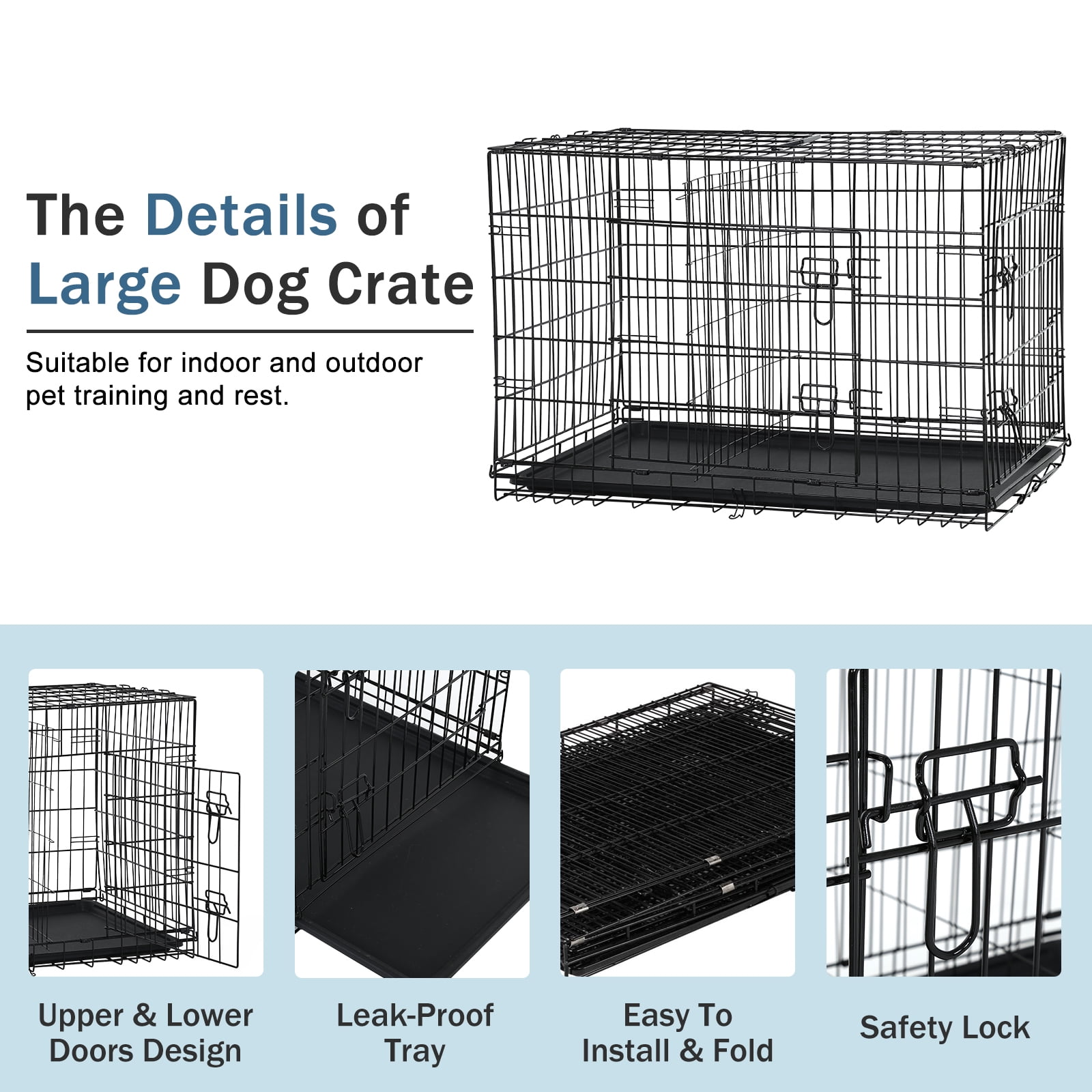 YRLLENSDAN 42 inch Foldable Large Dog Crate for Large Dogs, Metal Wire Dog Cage with Plastic Tray and Handle Double-Door Outdoor Dog Crates and Kennels for Medium dogs, Black