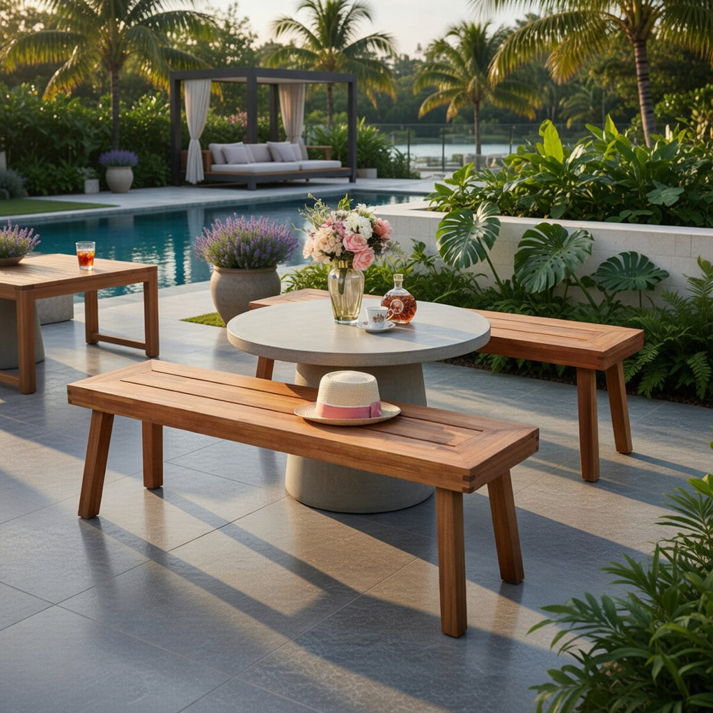 Hommoo 2-Pack Outdoor Acacia Wood Dining Benches for Patio, Rust-Resistant Steel Frame, Brown
