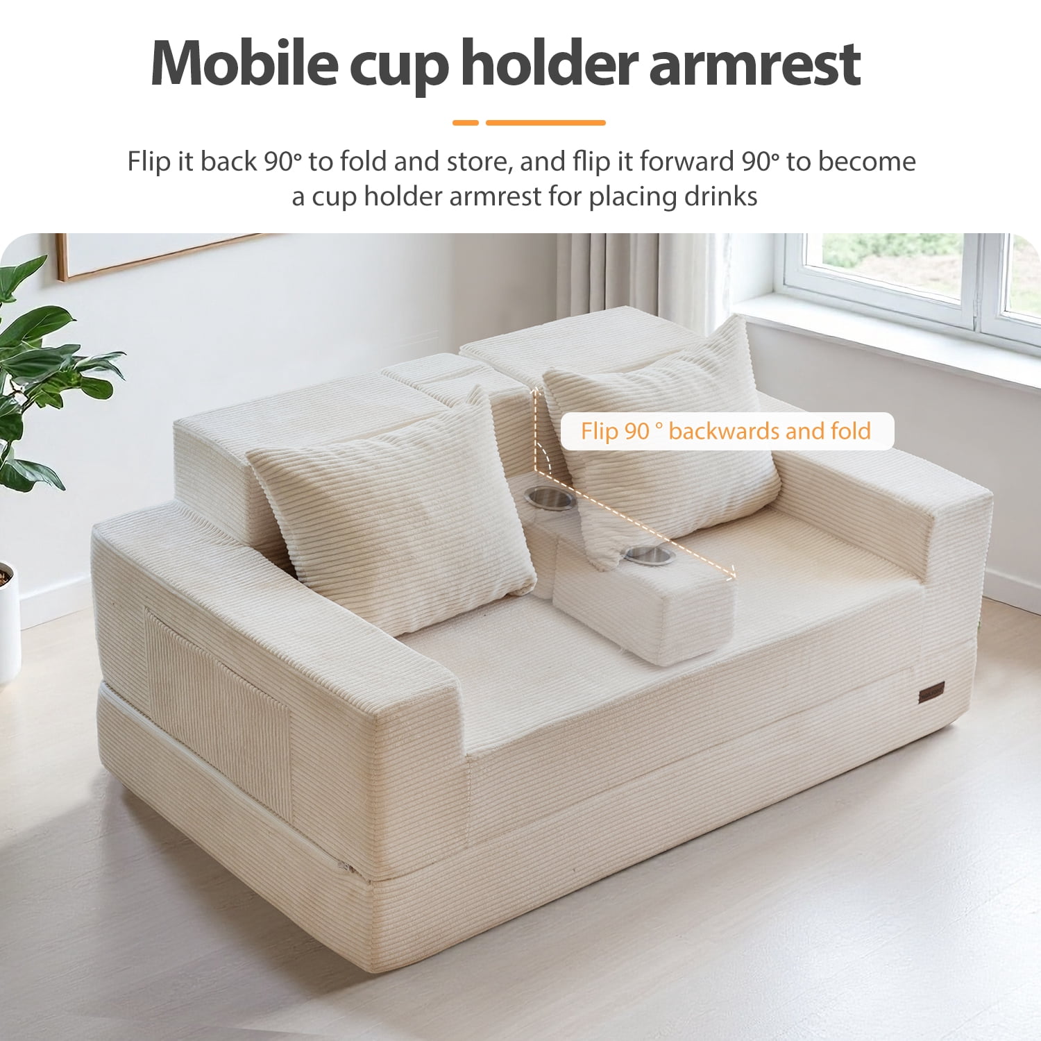 BYBYME Convertible Sofa Bed,Folding Lounger 4-in-1 Boneless Sofa with 2 Pillows and Cup Holder,Floor Sofa for Small Spaces Such as Living Rooms,No Assembly Required,Loveseat,Beige