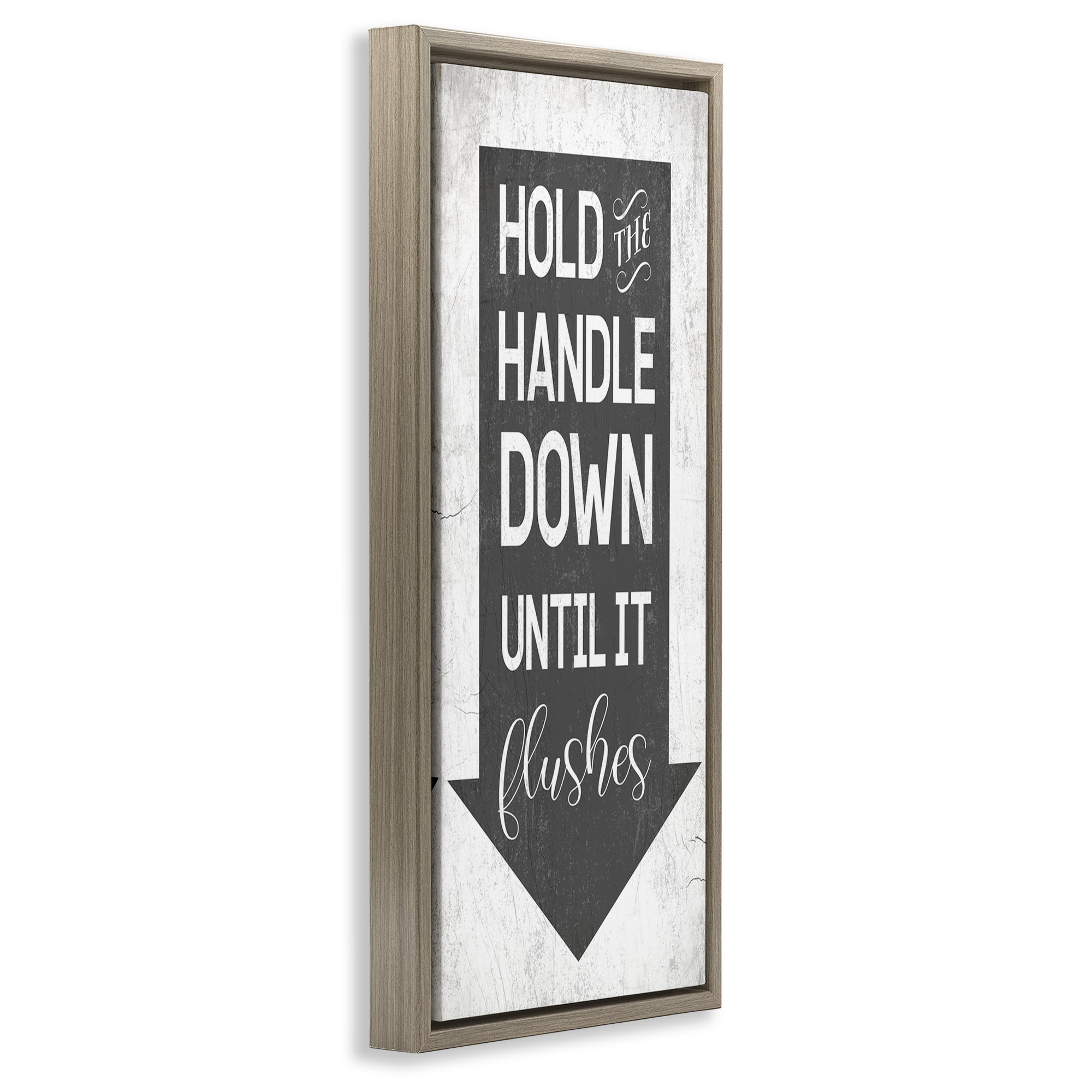 Stupell Industries Hold Handle Down Bathroom Arrow Typography Painting Brown Floater Framed Canvas Art Print Wall Art, 11 x 25