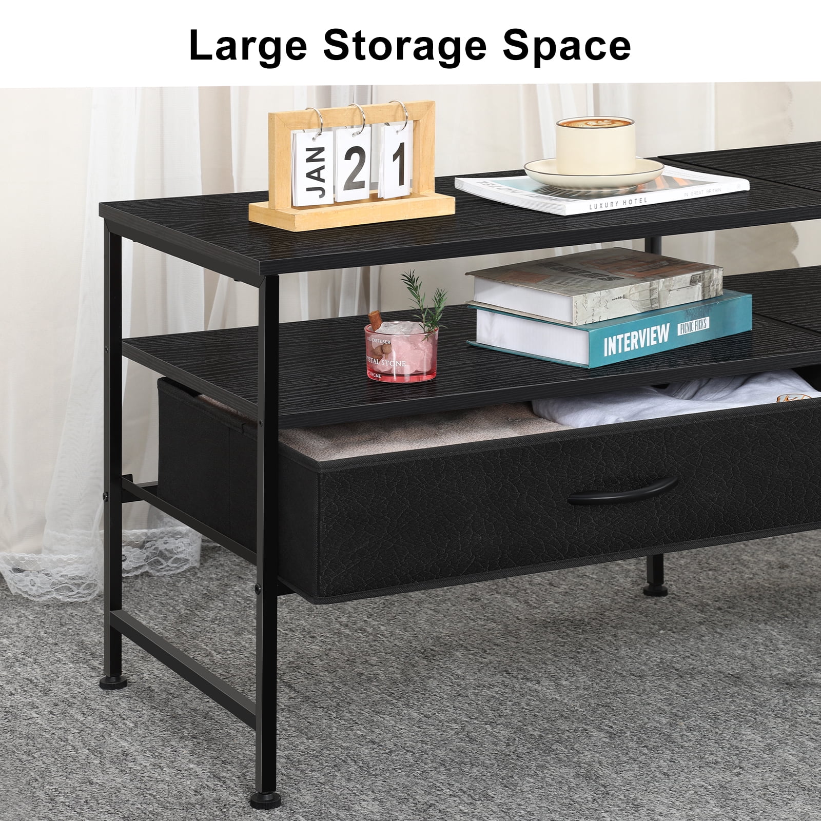 55"L Extended TV Cabinet Industrial TV Cabinet with Fabric for Living Room, Bedroom with Charging Stake Black
