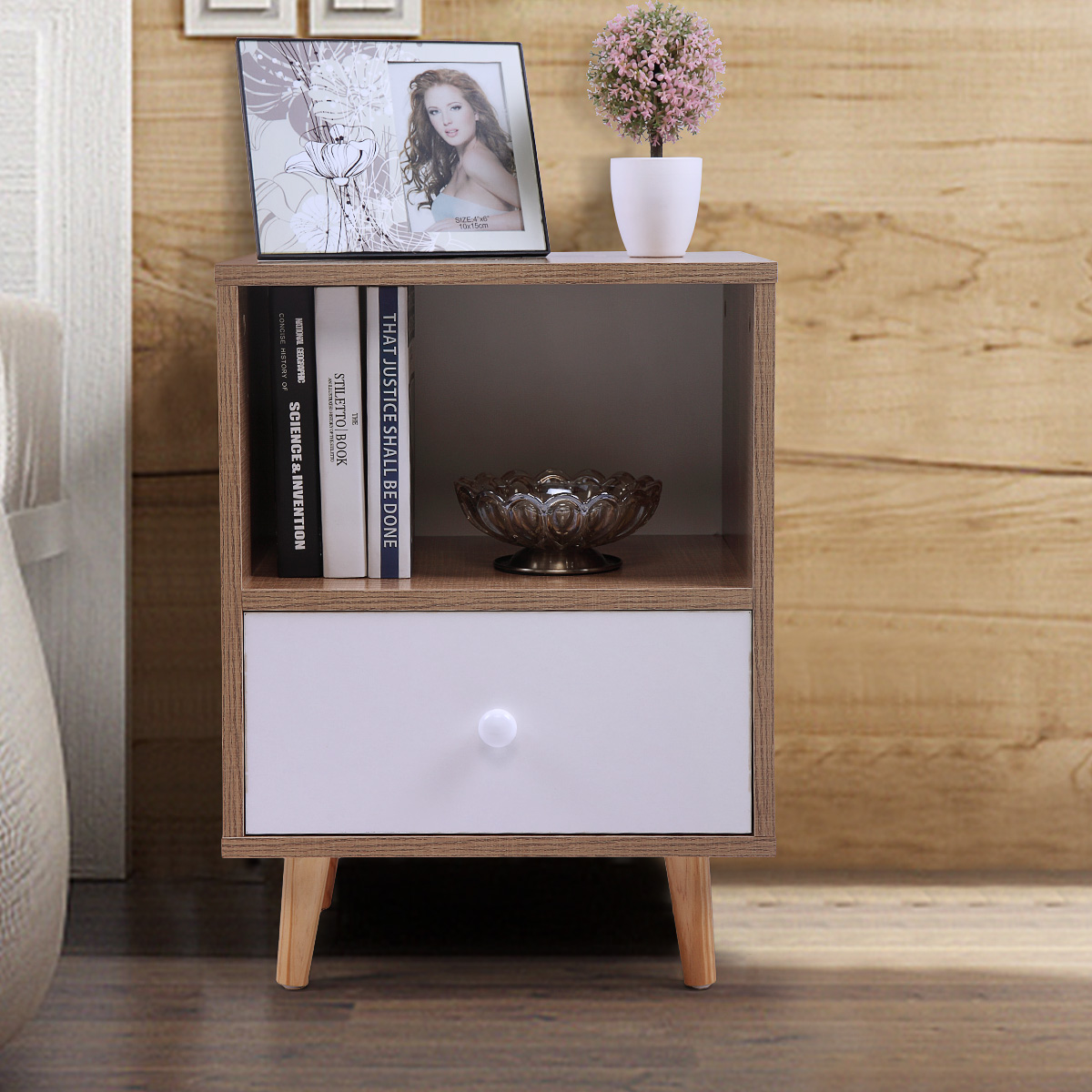 Jaxpety Bedroom Night Stand Bedside Table Furniture Open Storage W/ Drawer