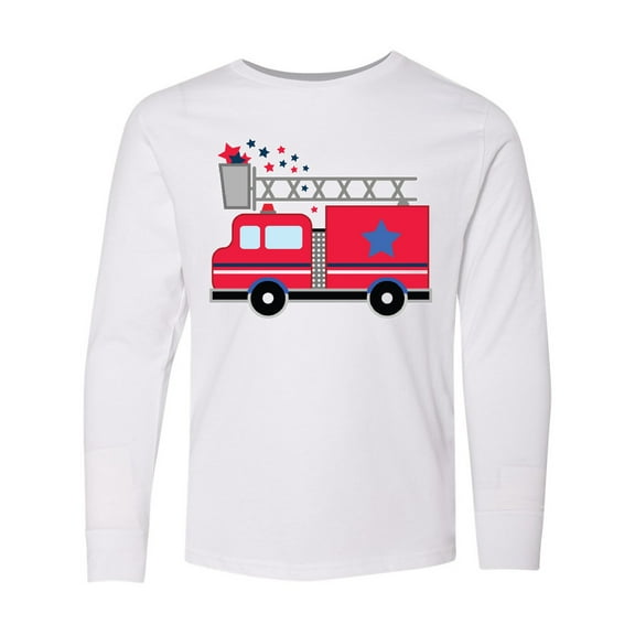 Inktastic 4th of July Firetruck with Red and Blue Stars Long Sleeve Youth T-Shirt