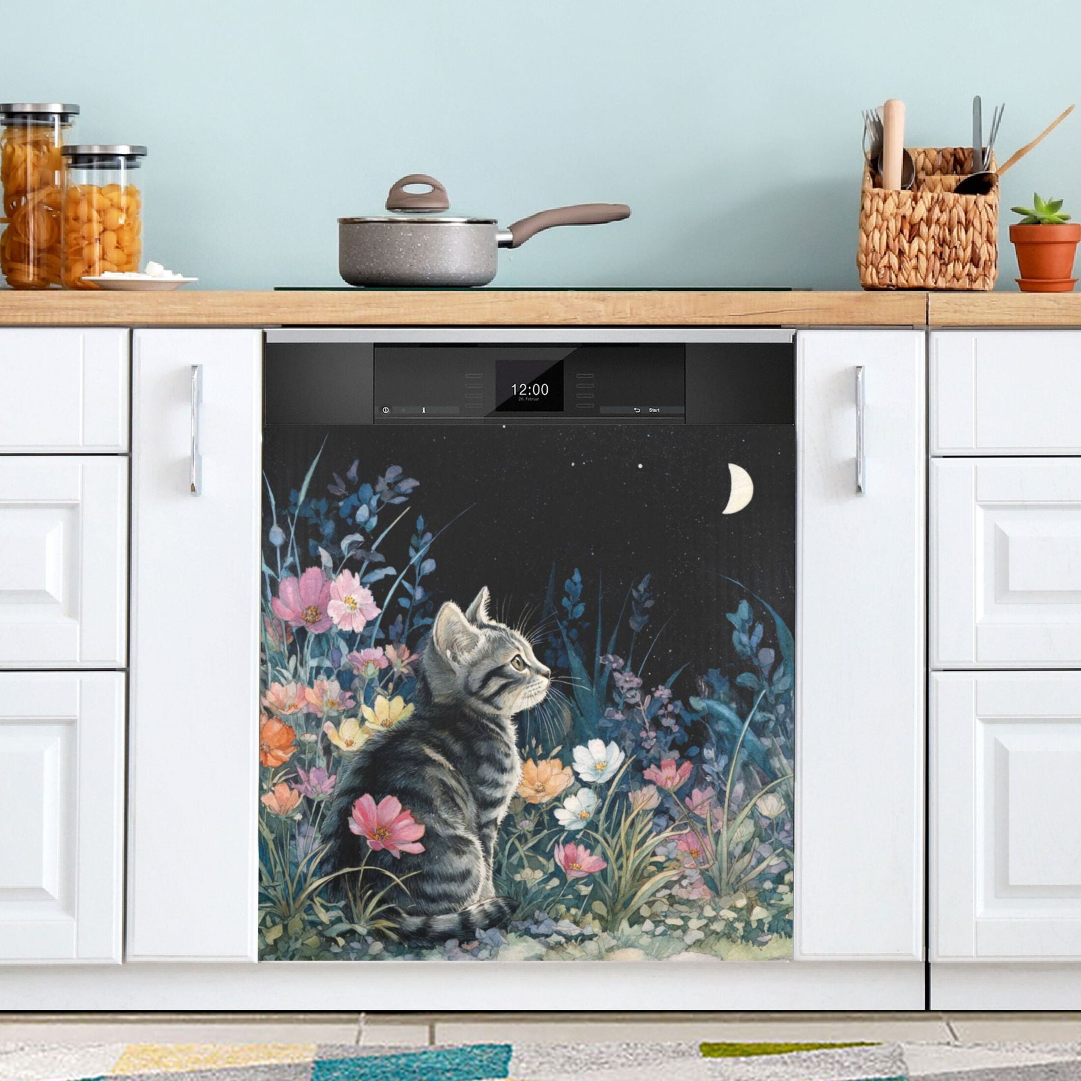 Dishwasher Magnetic Sticker 23x26 Inch Refrigerator Magnetic Sticker Washing Machine Magnetic Sticker Kitchen Panel Magnetic Sticker Home Decor Night Cat