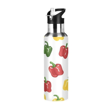 

600/1000ML Stainless Steel Sport Water Bottle with Straw Lid Leak Proof Vacuum Insulated Mug for Outdoor Activities Cycling Running & Walking Capsicum Annuum