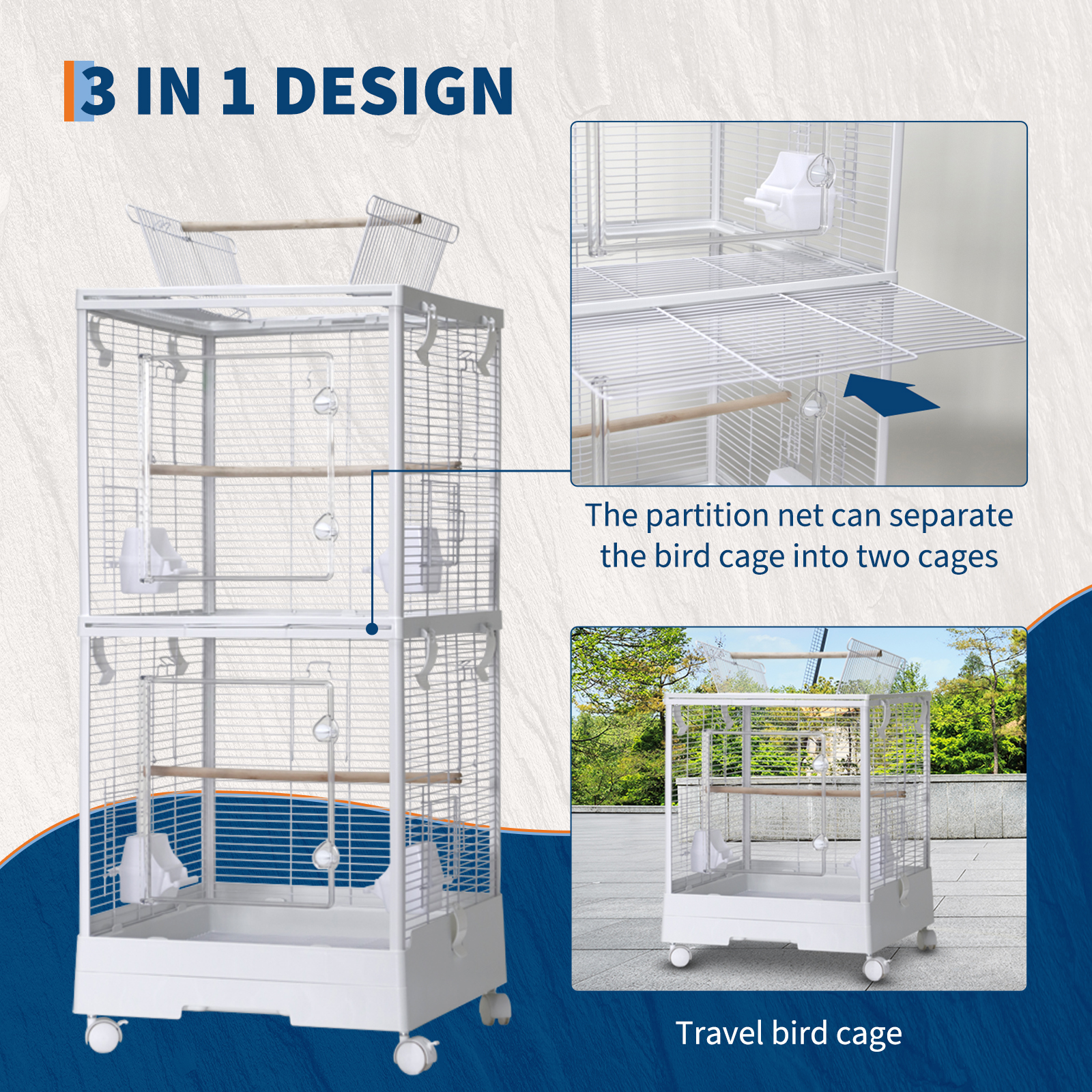 Small Bird Cage with Wheels, 40 Inch Parakeet Cage with Top Stand, 3 in 1 Bird Carrier for Parakeets, Canaries, Lovebirds, Small Quaker, Cockatiels, Budgie, Green Cheek,Conure