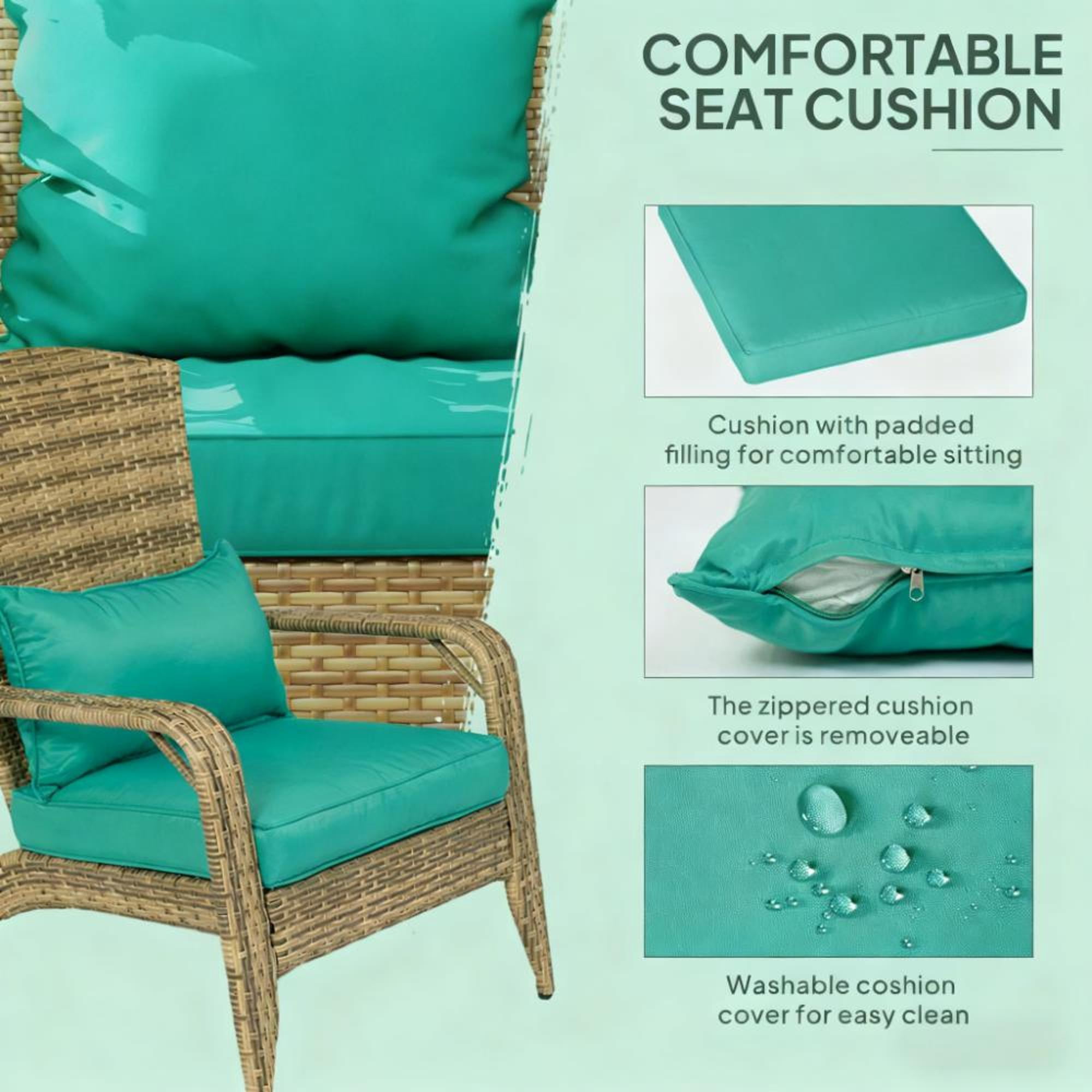 Outdoor Adirondack Chair Curved Tall Back PE Wicker with Soft Sky Blue Cushion for Patio Porch Pool | Brown | Steel