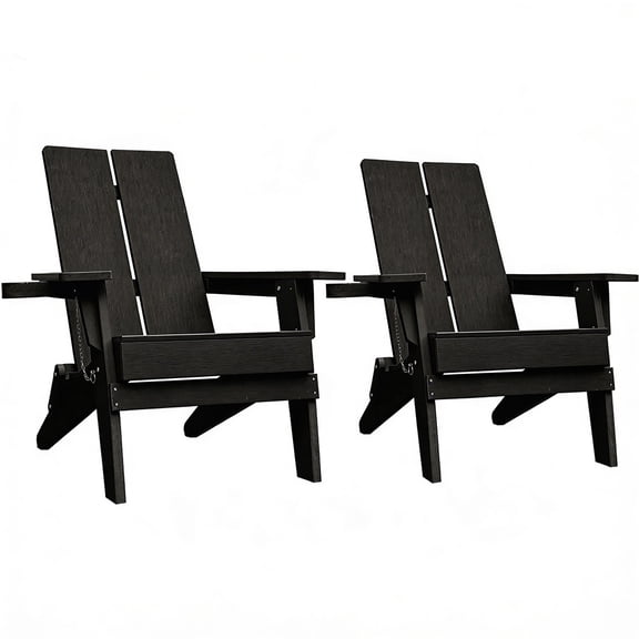 Krikacy Upgraded Morden Adirondack Chair Set of 2 Weather Resistant Outdoor Folding Chairs with Cup Holder HIPS Recyclable Plastic Deck Chair for Porch,Backyard,Poolside,380 LBS,Black