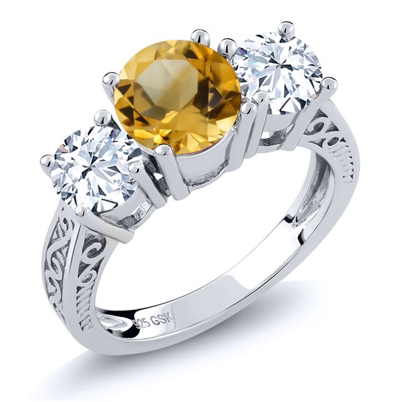 Gem Stone King 2.80 Cttw Round Yellow Citrine 3-Stone Ring for Women | 925 Sterling Silver | Round 7MM and 5MM | Three Stone Wedding Engagement Anniversary Promise Ring for Women | Size 8