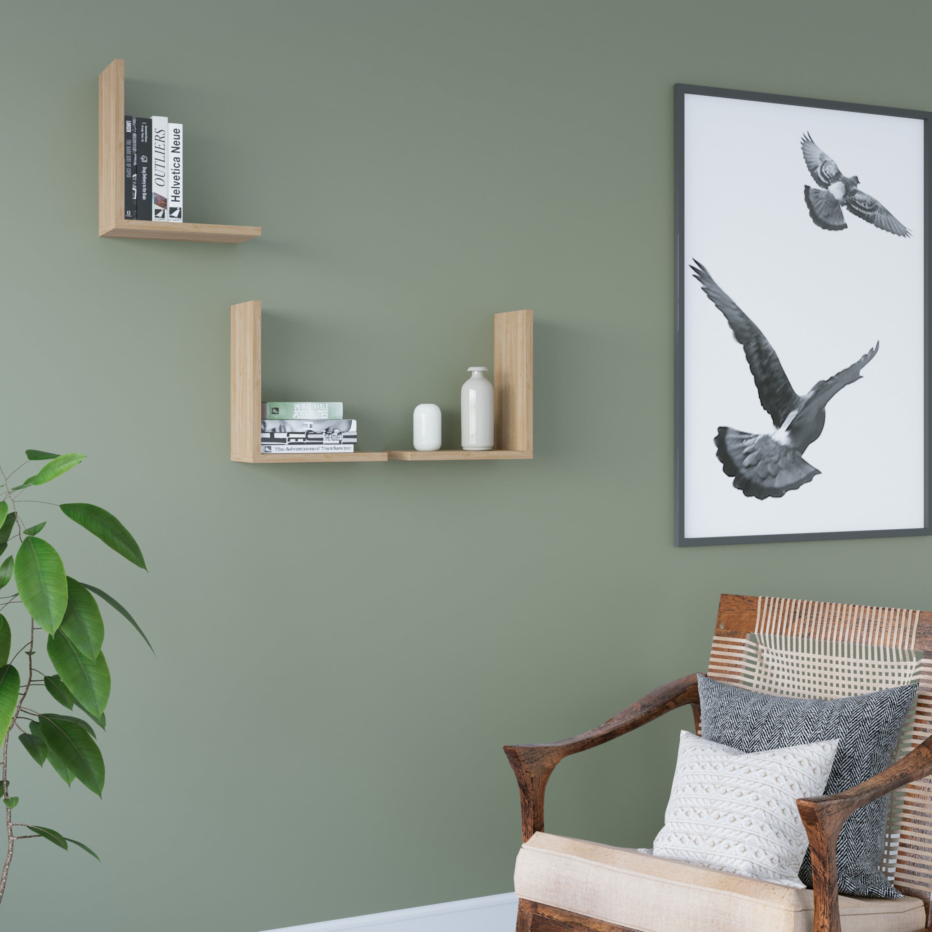 Ada Home Decor Furniture 11.8" 3 Tier Oak Wesley Modern Wall Shelf