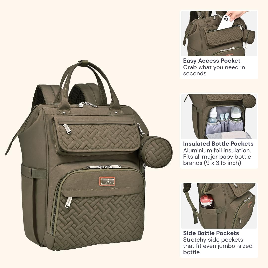 BabbleRoo Widetop Waterproof Diaper Backpack with Insulated Bottle Pockets, Polyester- Army Green