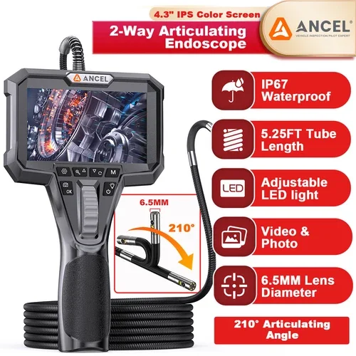 ANCEL AN302 Two-Way 6.5mm 210° Industrial Endoscope Articulating Camera Borescope, 4.3-inch IPS LCD Articulating Dual Lens Endoscope Inspection Camera