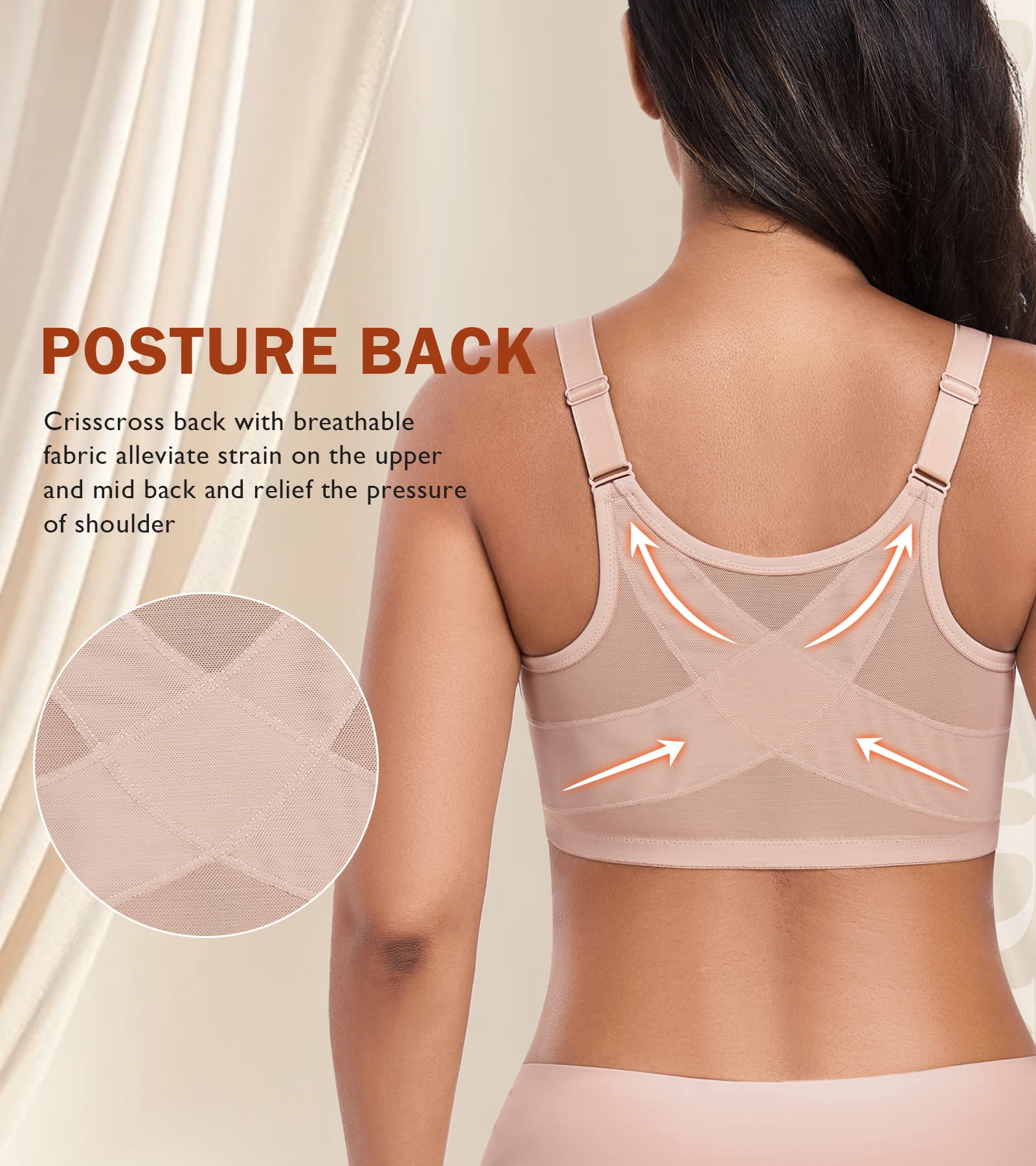 Exerin Women's Front Closure Non Padded Underwire Plus Size Posture Back Support Bra(36DDD,Beige)