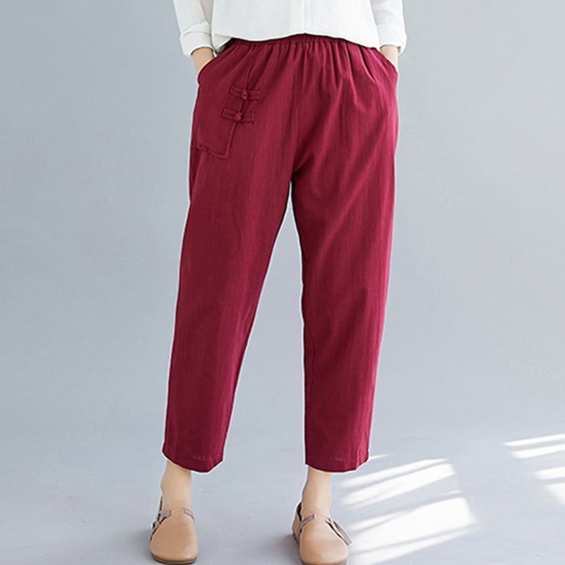 Anself - Women Cotton Linen Pants Solid Color Elastic Waist Side ...