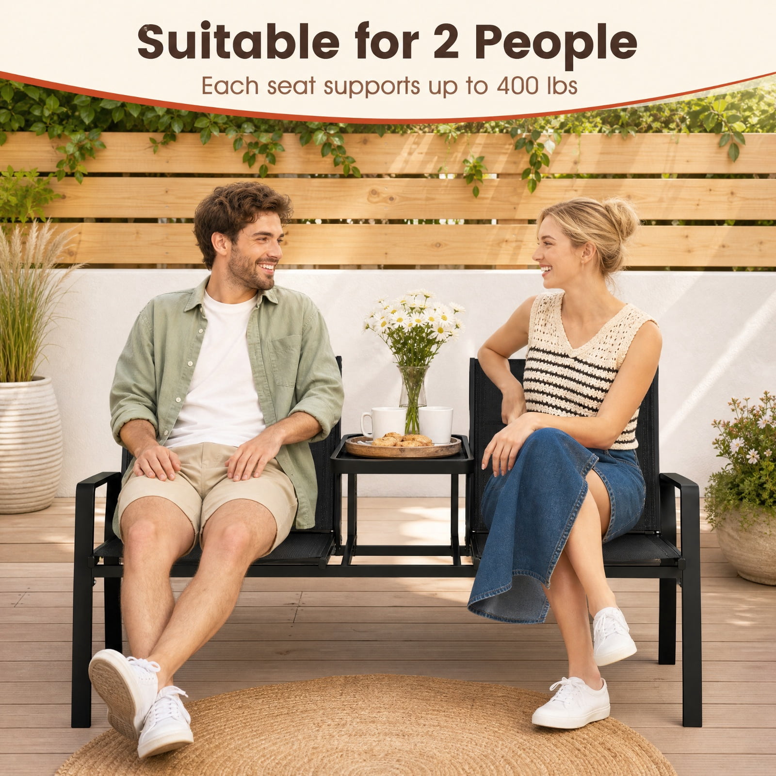 Furnibear Patio Loveseat with Built in Table and Breathable Fabric Back for Porch Garden and Poolside Outdoor Seating, Black