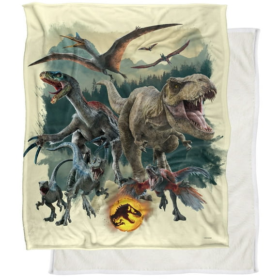 Jurassic World: Dominion Blanket, 50"x60" Dino Predator Group Silky Touch Sherpa Back Super Soft Throw Blanket