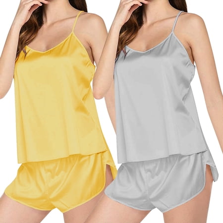 Tweang Camisole Shorts Set Cami Shorts Pajamas Summer Nightwear Clothing Pajama Spaghetti Strap Sleepwear Fit Sleepwear set Cami Top Loose Shorts Basic Sleepwear camisole nightshirt Beige 3XL