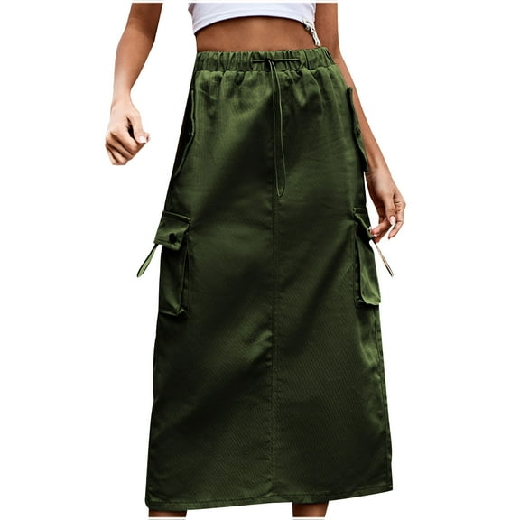 Cargo Skirts for Women Casual Multi Pockets Button Midi Denim Skirt Elastic High Waist Jean Skirts