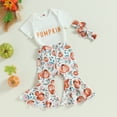 thumbnail image 2 of Newborn Baby Girl Halloween Outfits Short Sleeve Romper Tops Pumpkin Bell-Bottom Flare Pants Headband Infant Fall 3Pcs Clothes Set, 2 of 7