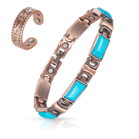 Wollet Pure Copper Magnetic Bracelets Rings for Women, Blue Turquoise Bracelets