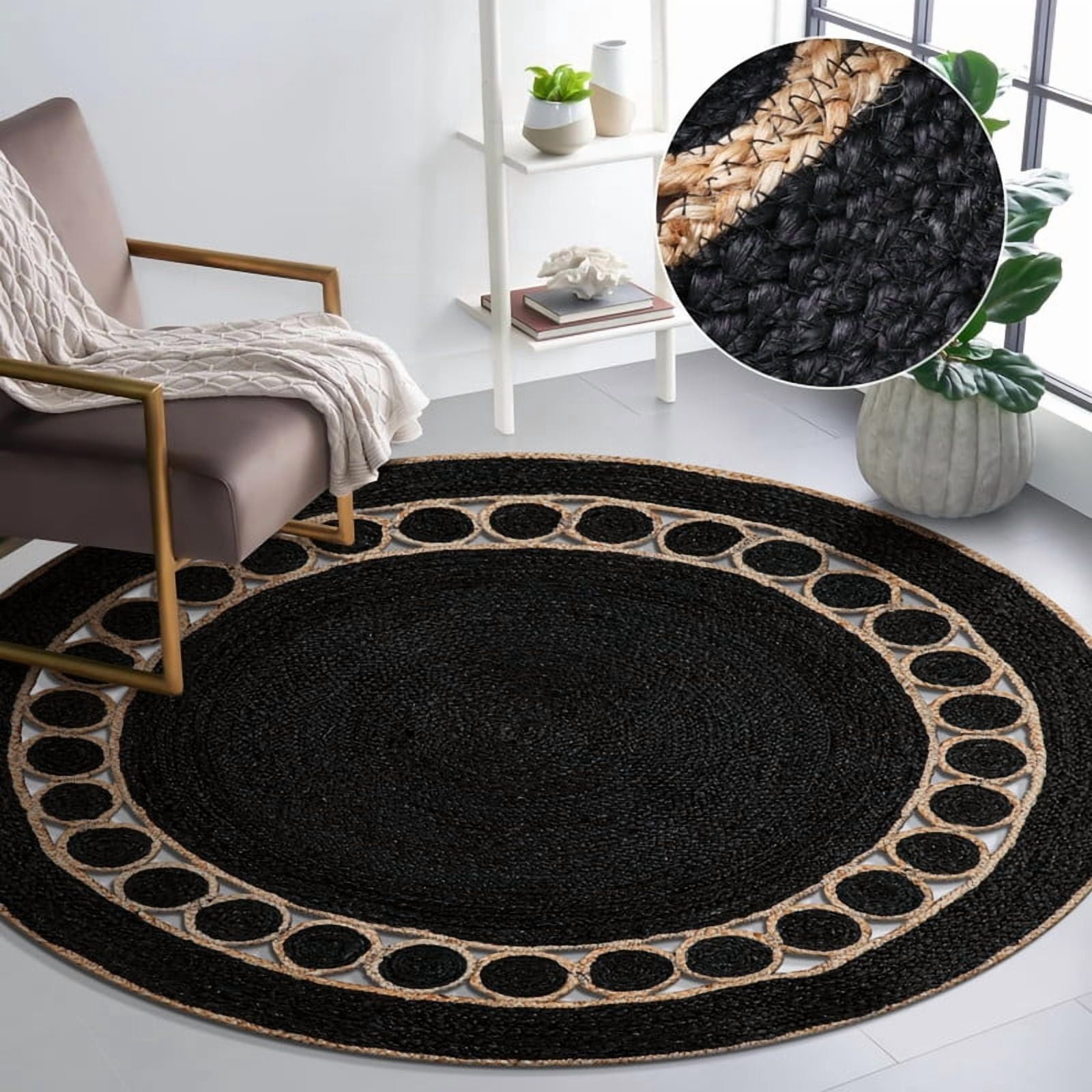 Round Natural Jute Rug, Rustic Boho Coastal Farmhouse Reversible Mat, Black Natural, 4 FT