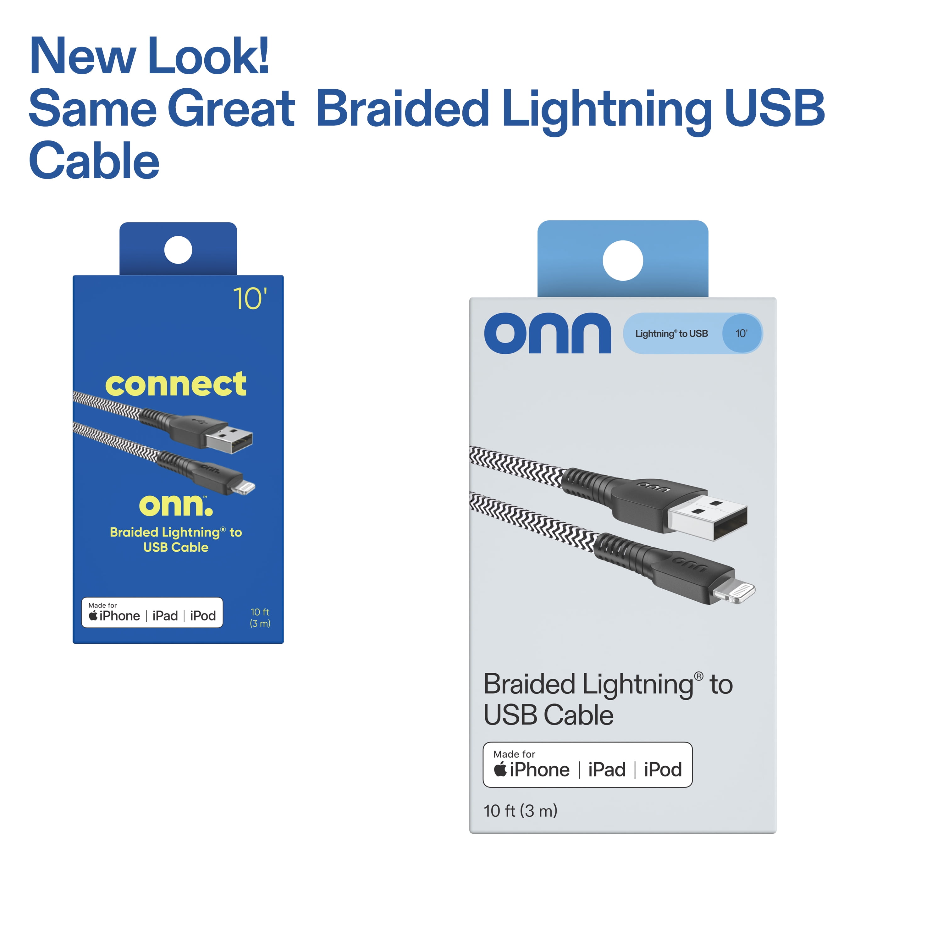 onn 10ft Lightning to USB-A Braided Charging Cable, MFI certified, Black - Compatible with iPhone 14/13/12/11/X/XR/XS/8/7/6/5, iPad, Airpods and more