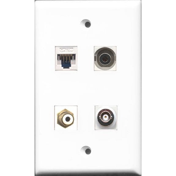 RiteAV - 1 Port RCA White and 1 Port 3.5mm and 1 Port BNC and 1 Port Cat5e Ethernet White Wall Plate