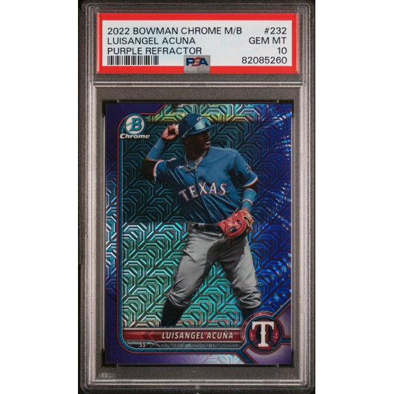Graded 2022 Topps Bowman Chrome Mega Box Luisangel Acuna #232 Purple Refractor #/250 Rookie RC Baseball Card PSA 10 Gem Mint