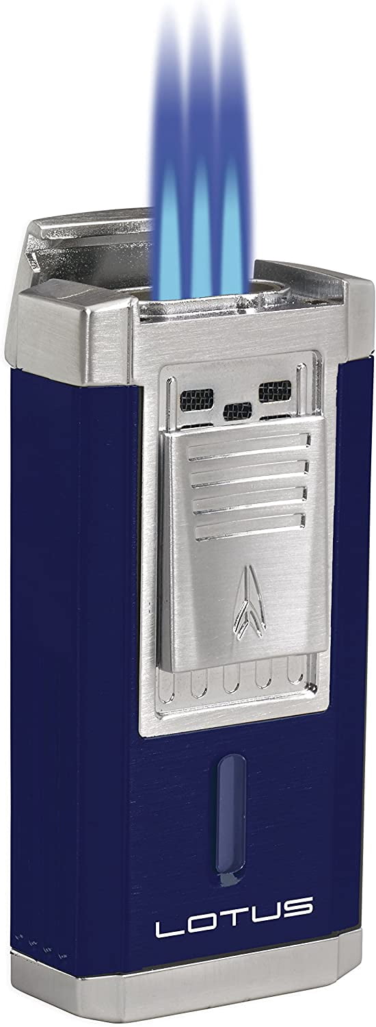 Lotus Duke Cigar Lighter with Triple Pinpoint Wind-Resistant Torch Flames, Single Action Ignition, Integrated Cutter, Tinted Fuel Level Window