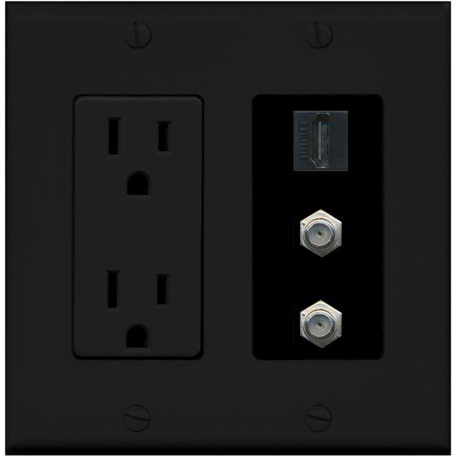 1 Port HDMI 2 Port Coax Cable TV Wall Plate w/Power Outlet Black