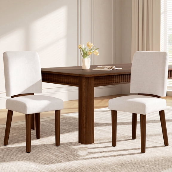 Hijob Upholstered Dining Chairs Set of 2, Mid-Century Modern Solid Wood Legs Kitchen Chairs with Padded Seat & Backrest, Beige Fabric Accent Chairs for Dining Room, Living Room, Bedroom