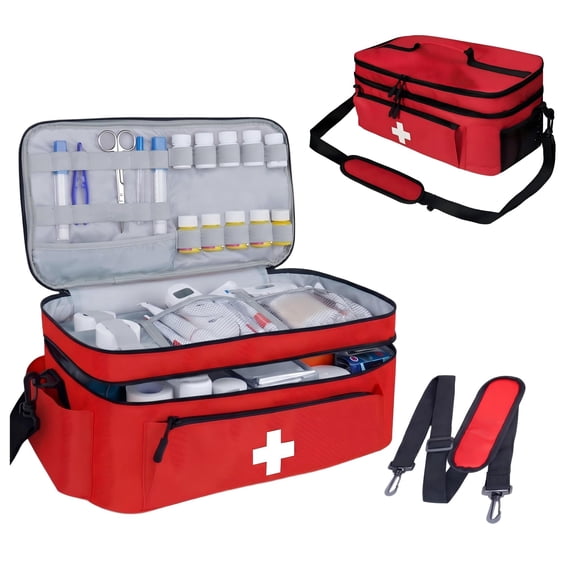 Double Layer Travel Medicine Bag - Portable First Aid Organizer with Removable Dividers, Water-Resistant Medical Supply Carrier for Home and Trip, Gray