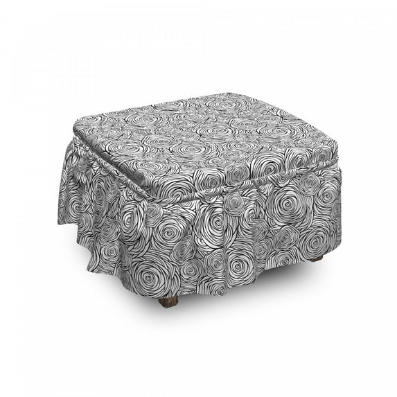 Black and White Ottoman Cover, Spiral Roses, 2 Piece Slipcover Set with Ruffle Skirt for Square Round Cube Footstool Decorative Home Accent, Standard Size, Black White, by Ambesonne
