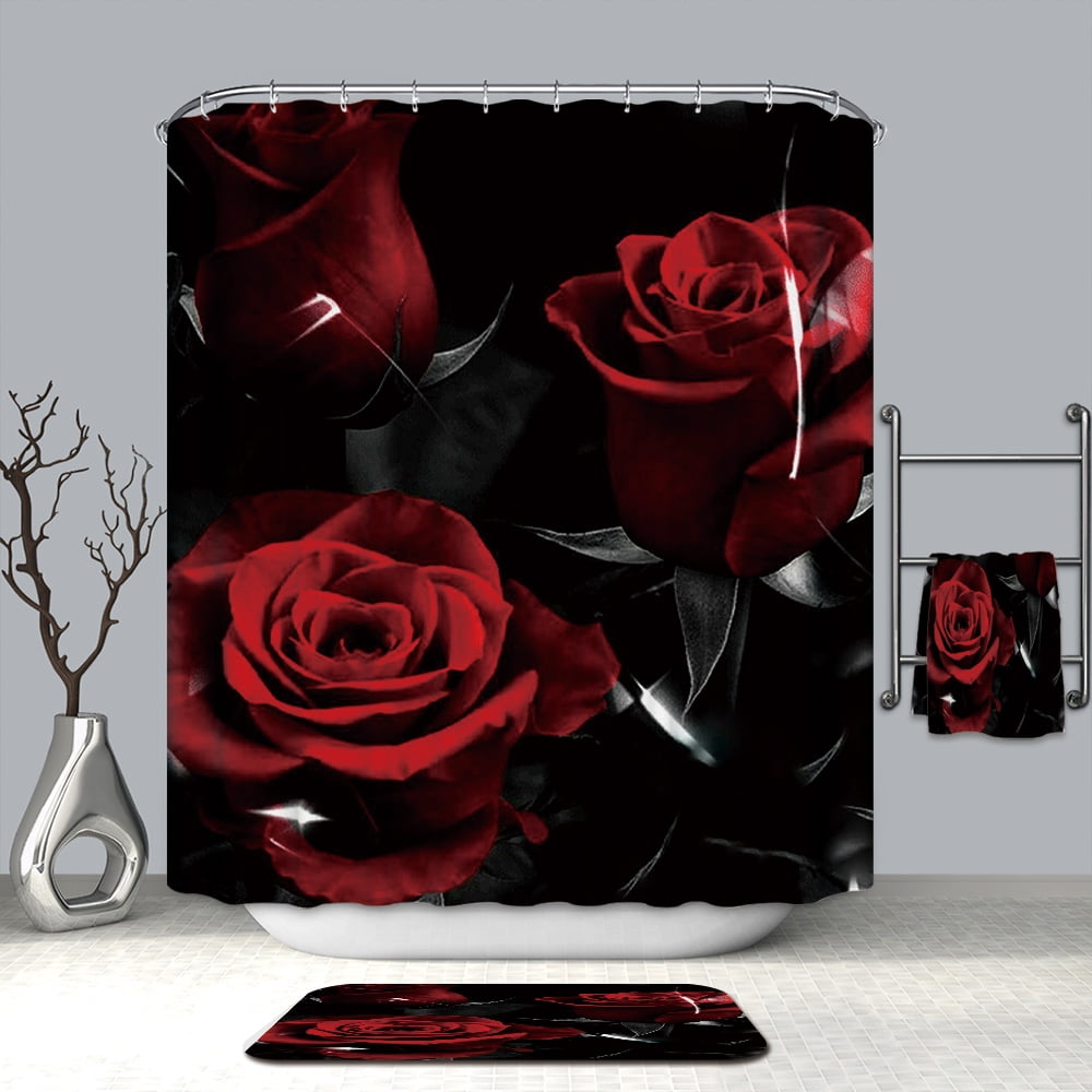 Rose Fabric Shower Curtain with 12 Hooks Dark Red Flowers Black