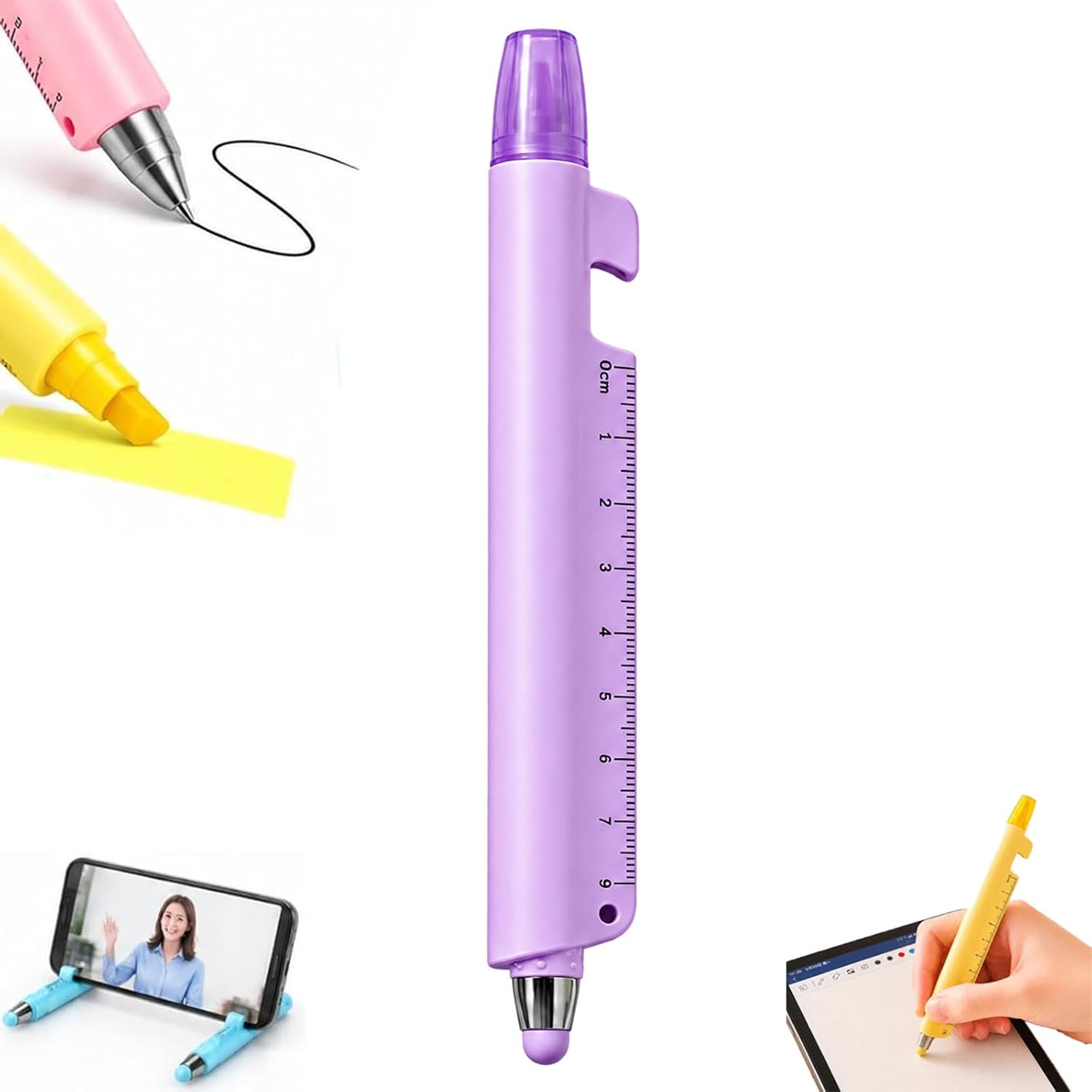 5-in-1 Multitool Pen 0.5 mm Black Ink Ballpoint with Touchscreen Stylus Dual-Scale Ruler Highlighter & Phone Stand for Office and Study,Purple