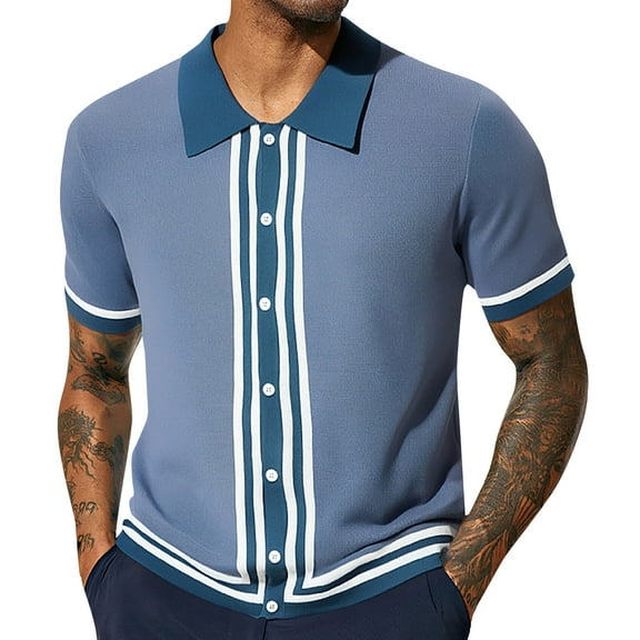 Afdoent Shirt For Men Color Blocked Striped Lapel Cardigan Male Casual Loose Trend Business Short Sleeve Shirt Classic Fit Summer Tops