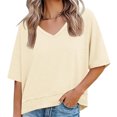 thumbnail image 7 of Short Sleeve Solid Color Summer Women V Neck Casual Flowy Tee Shirt, 7 of 7